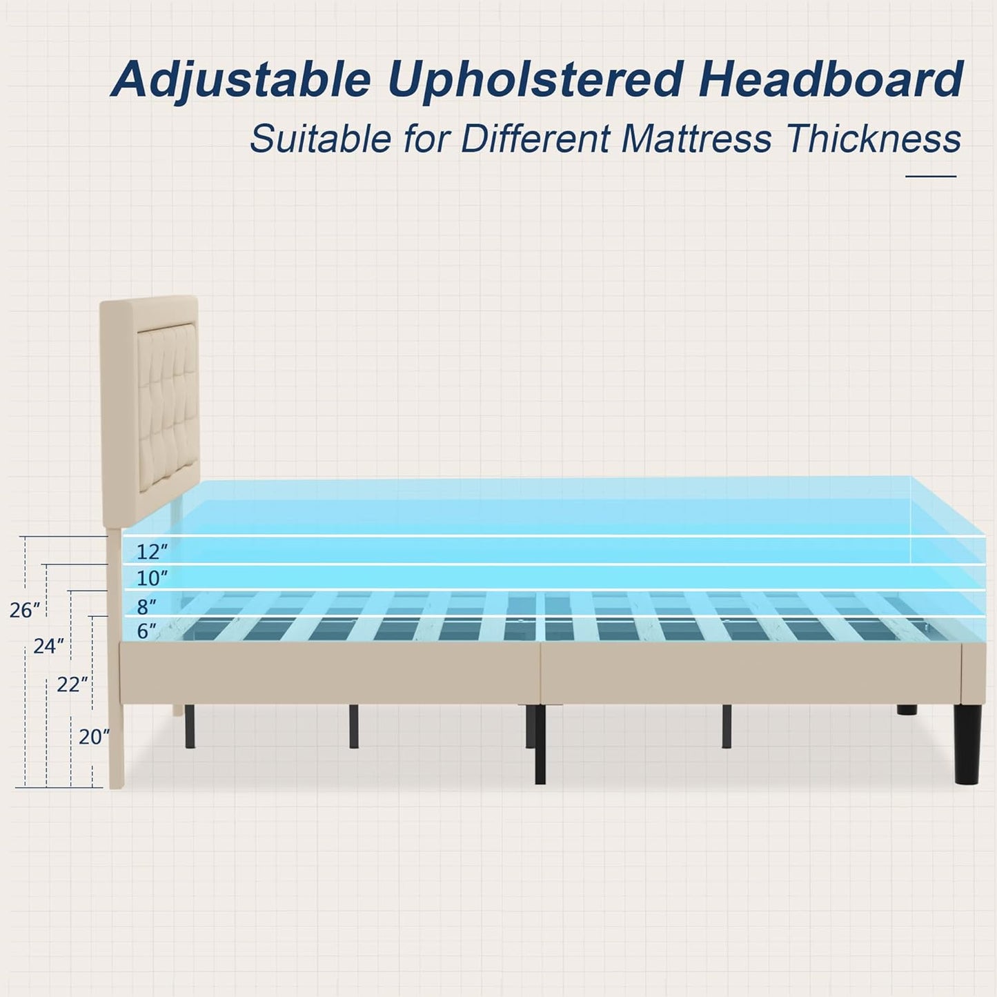 Base de cama tapizada VECELO con cabecero de altura ajustable