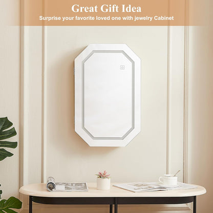 VECELO Gabinete de joyas con LED, organizador de joyas de pared/para colgar con espejo iluminado sin marco