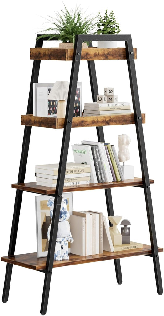 VECELO Leiterregal/Ausstellungsregal, 4-stöckig, Bücherregal aus Holz und Stahl