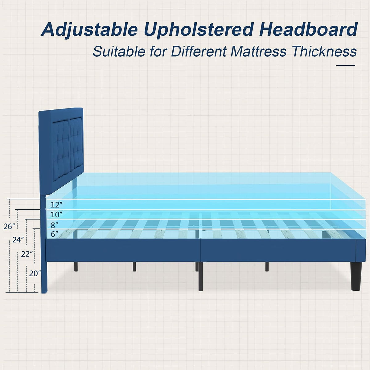 Base de cama tapizada VECELO con cabecero de altura ajustable