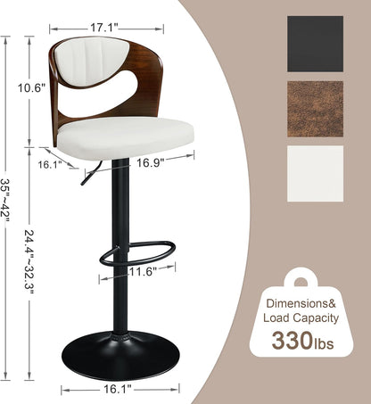 Juego de 2 taburetes de bar VECELO, taburetes de altura de mostrador con respaldo de madera curvada