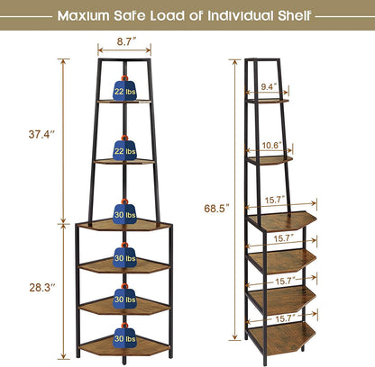 VECELO 6-stöckiges Eckregal, 175 cm hohes industrielles Bücherregal/Ablageregal mit Metallrahmen