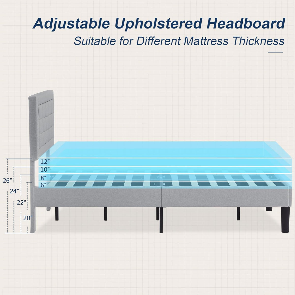 Base de cama tapizada VECELO con cabecero de altura ajustable
