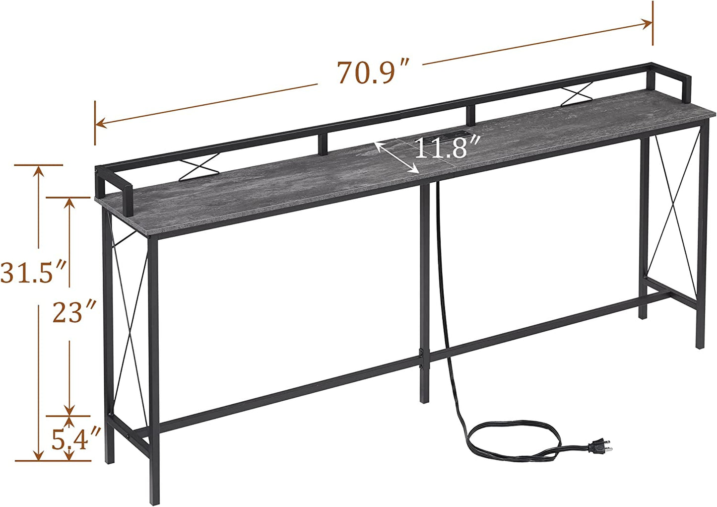 VECELO Mesa consola extra larga para recibidor, para detrás del sofá, estrecha, con toma de corriente y puertos USB