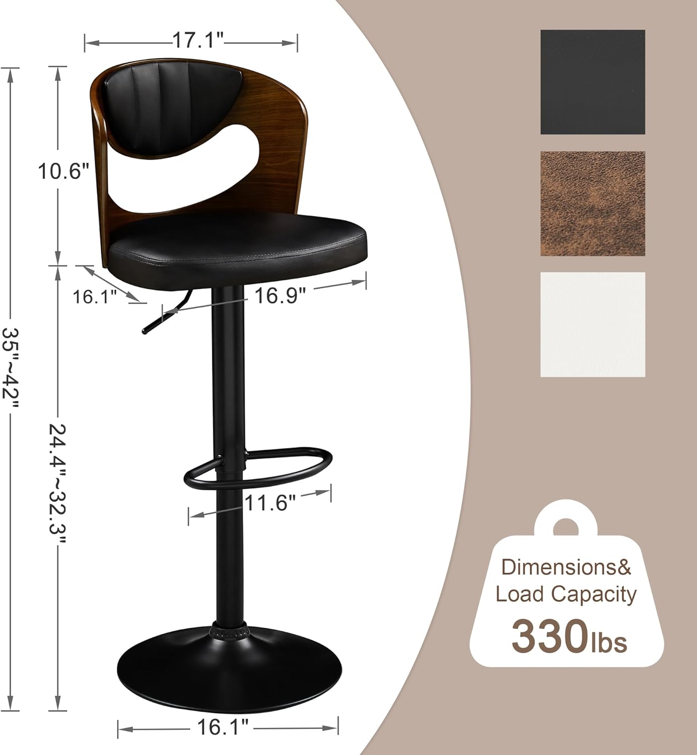 Juego de 2 taburetes de bar VECELO, taburetes de altura de mostrador con respaldo de madera curvada