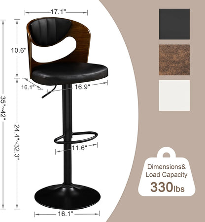 Juego de 2 taburetes de bar VECELO, taburetes de altura de mostrador con respaldo de madera curvada