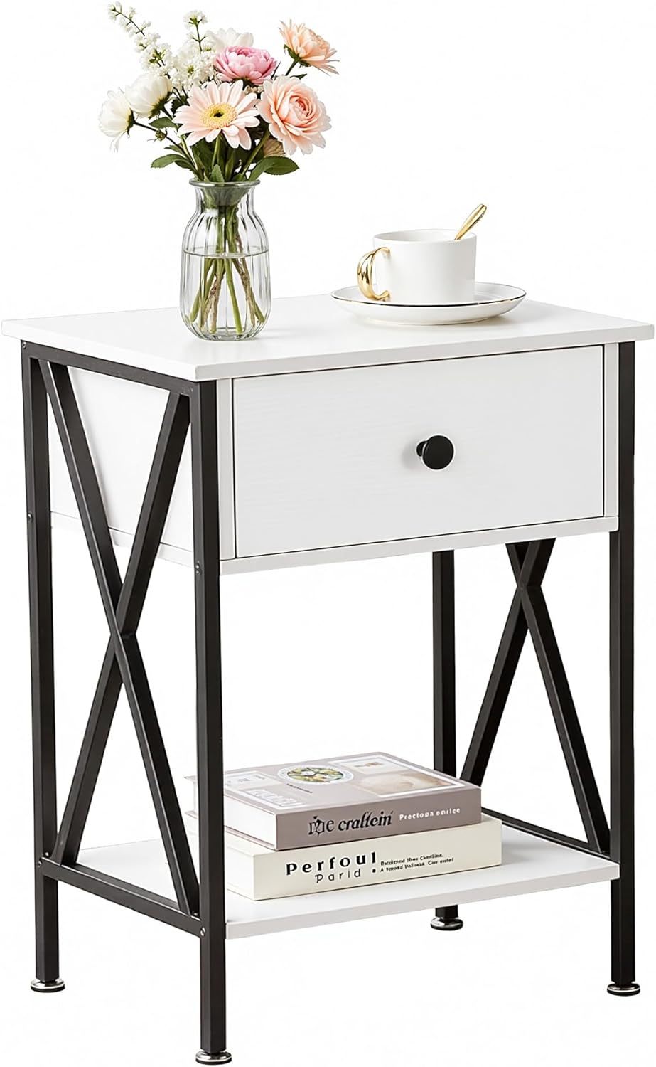 VECELO Versatile Nightstand X-Design End Side Table with Bin Drawer, 1 pack/2packs