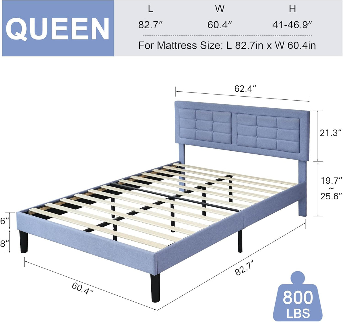 Base de cama tapizada VECELO con cabecero de altura ajustable