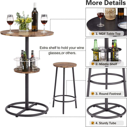 VECELO 3 Piece Bar Table Set, Small 2-Tier Round Pub Table with Barstools