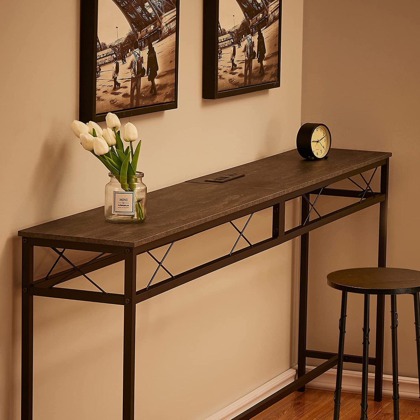 VECELO Extra Long Narrow Sofa/Console Table with Charging Station & Power Outlet and USB Ports