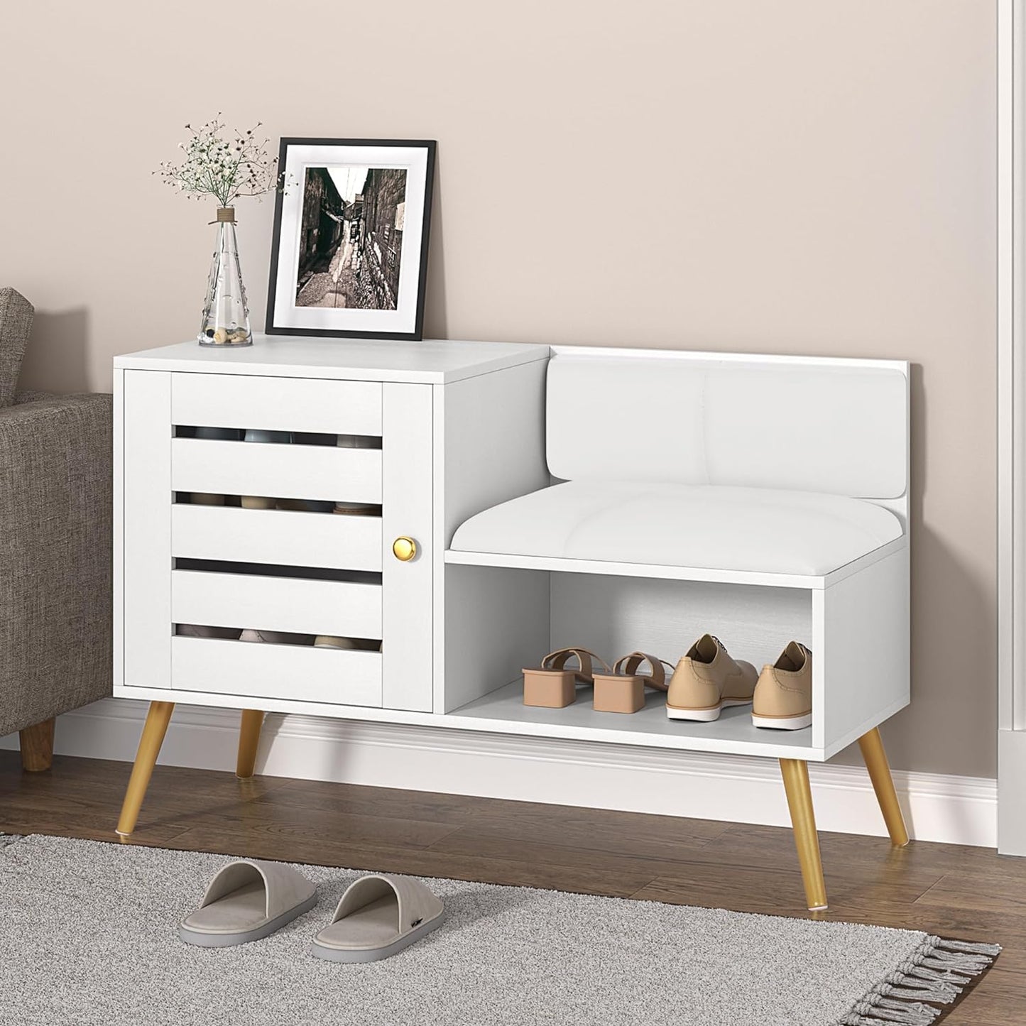 VECELO Flurbank mit Stauraum, Schuhschrank & verstellbarem Regal, Jalousietür, abnehmbares PU-Sitzkissen und Rückenlehne