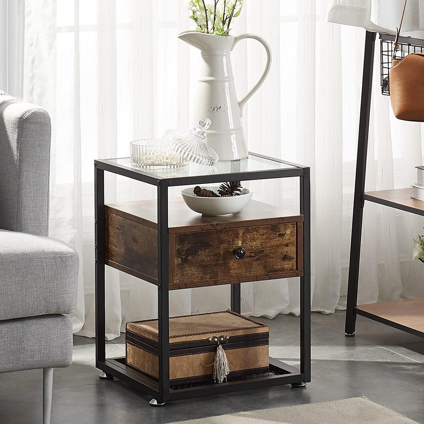 VECELO Nachttische, Beistelltische mit Glasplatte, Schublade und Regal