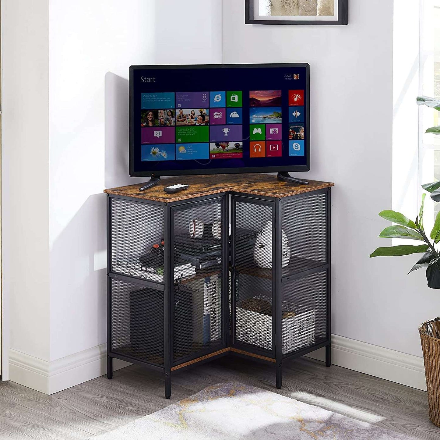 VECELO 3 Tier Corner Cabinet with Doors and Storage Shelves, Industrial TV Multipurpose Free-Standing Table