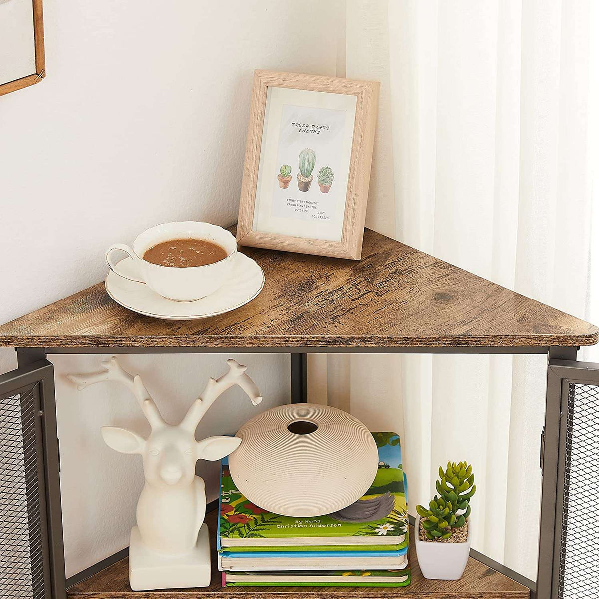 VECELO 3 Tier Corner Cabinet Shelf Display Rack with Grid Doors