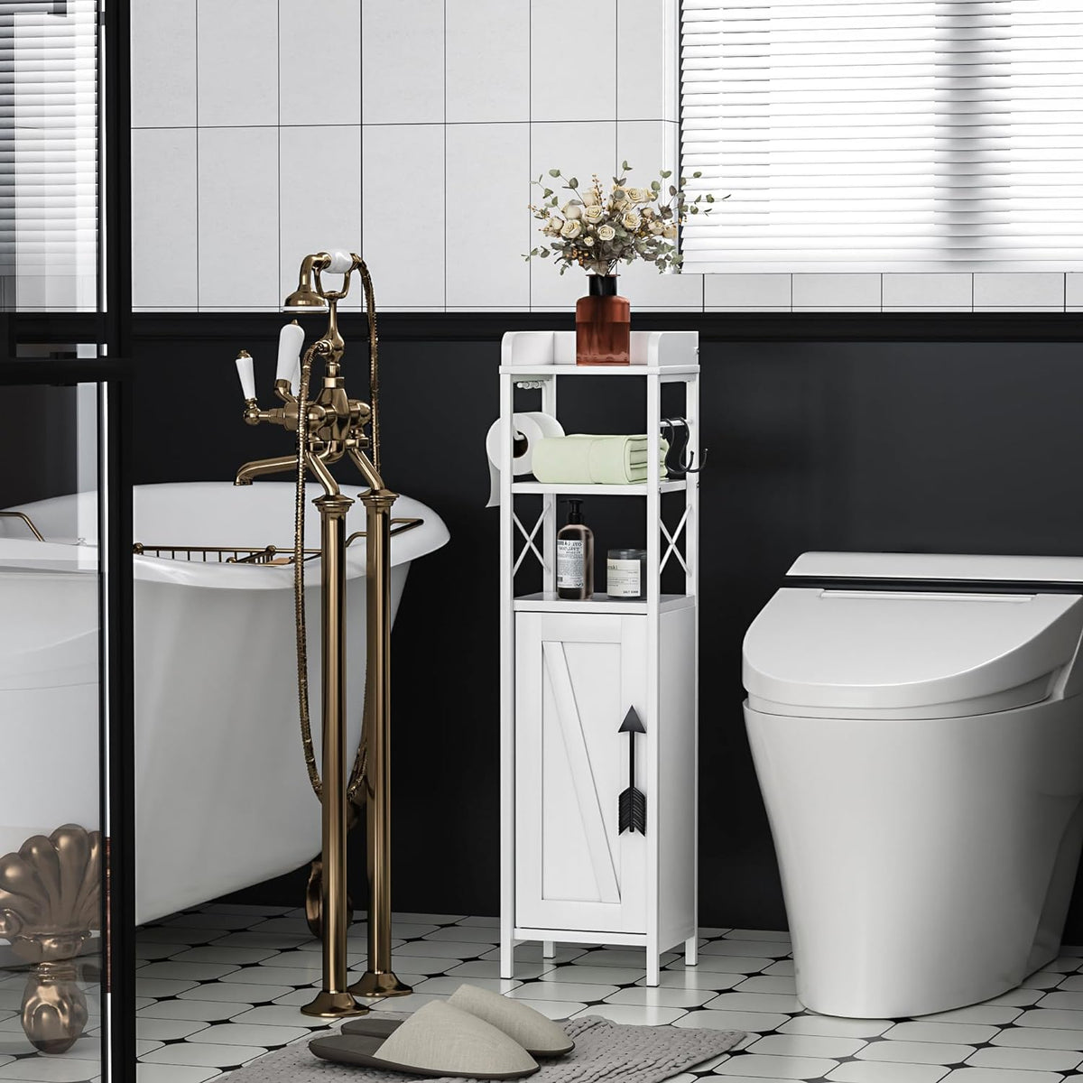 VECELO Kleiner Badezimmerschrank, schmaler Toilettenpapierhalter mit Tür & 2 Ablagen