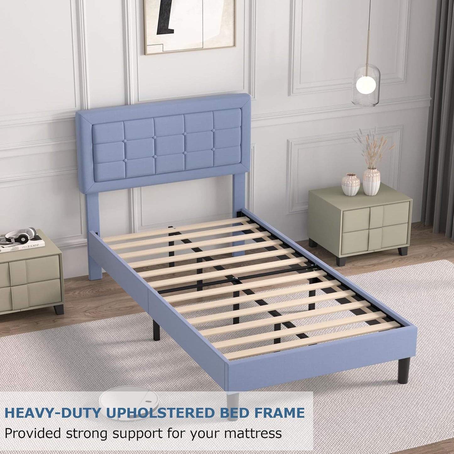 Base de cama tapizada VECELO con cabecero de altura ajustable