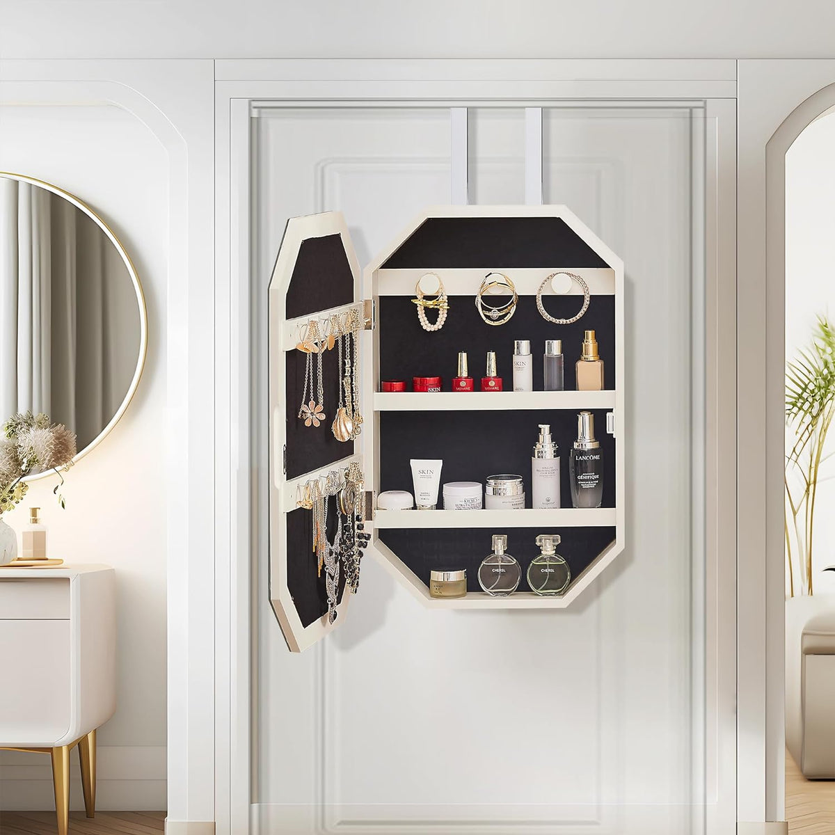 VECELO Gabinete de joyas con LED, organizador de joyas de pared/para colgar con espejo iluminado sin marco