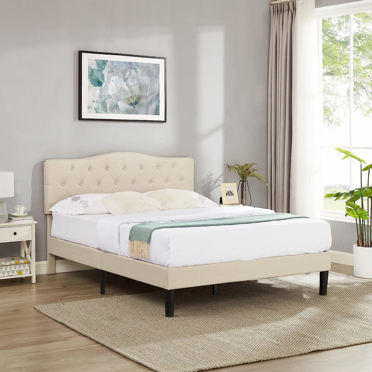 VECELO Classic Upholstered Platform Bed Frame with Diamond Stitched Cloth