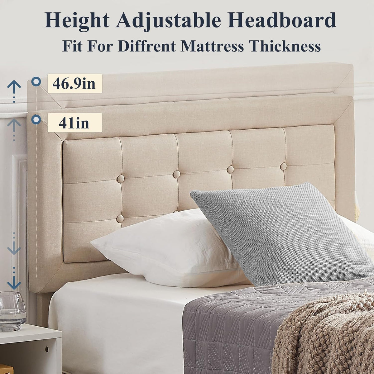 Base de cama tapizada VECELO con cabecero de altura ajustable