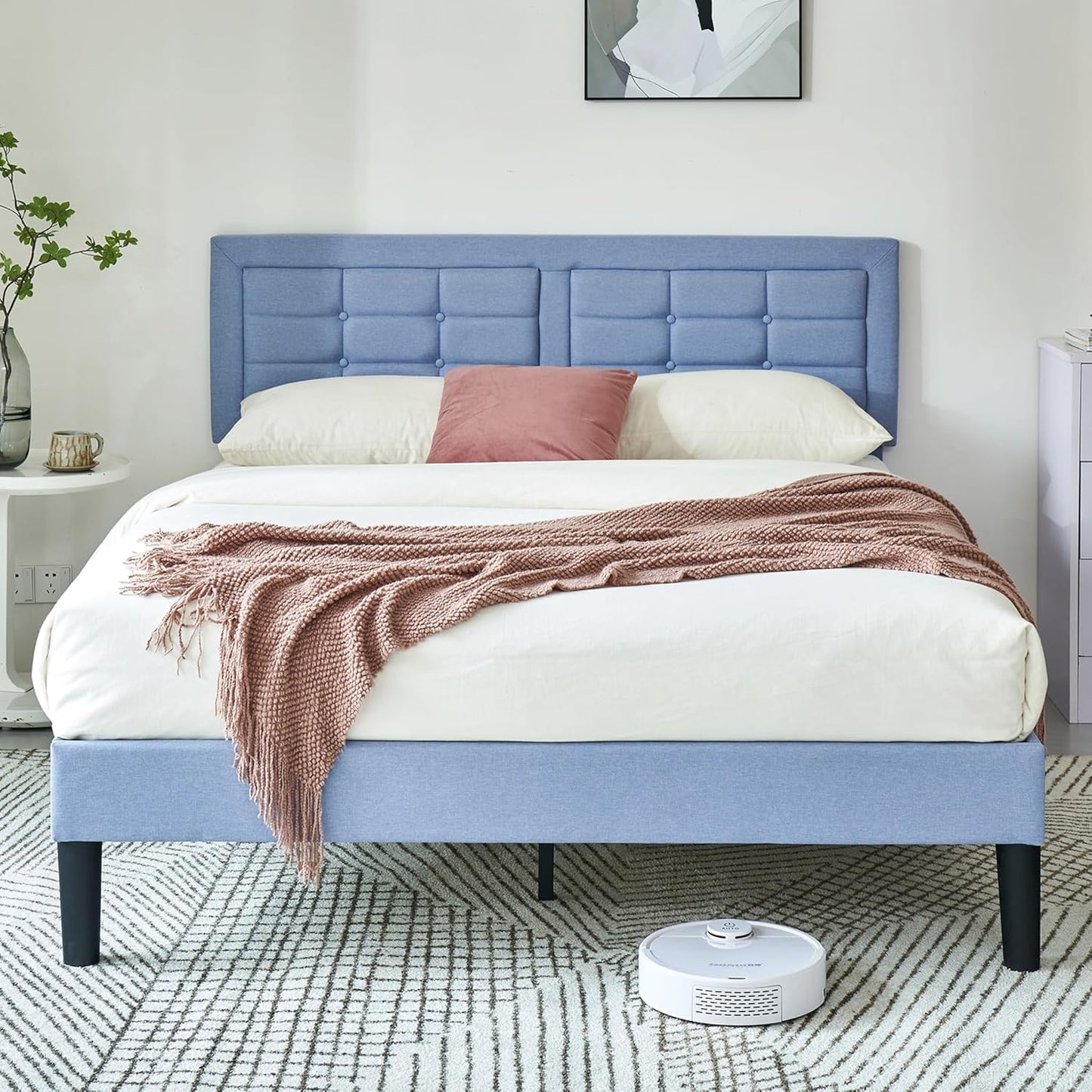 Base de cama tapizada VECELO con cabecero de altura ajustable