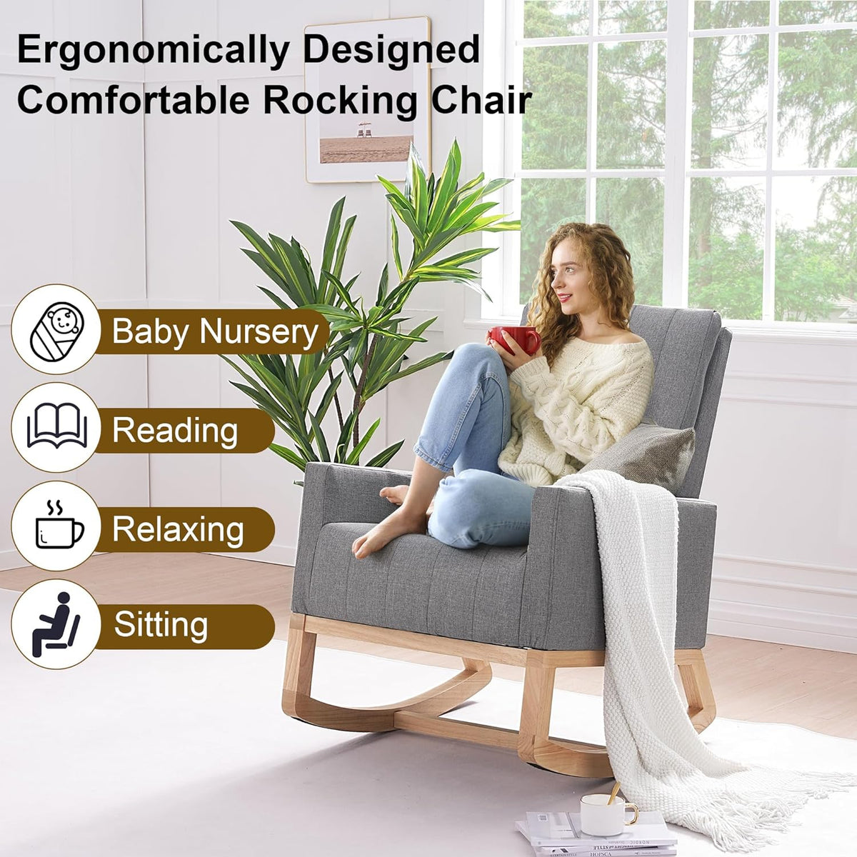 VECELO mecedora tapizada para guardería, sillón reclinable con respaldo alto, sillón cómodo con bolsillo lateral y puerto USB
