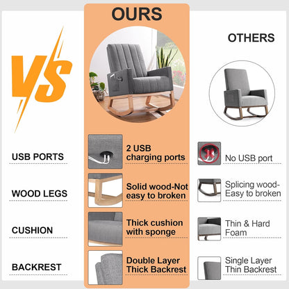 VECELO mecedora tapizada para guardería, sillón reclinable con respaldo alto, sillón cómodo con bolsillo lateral y puerto USB