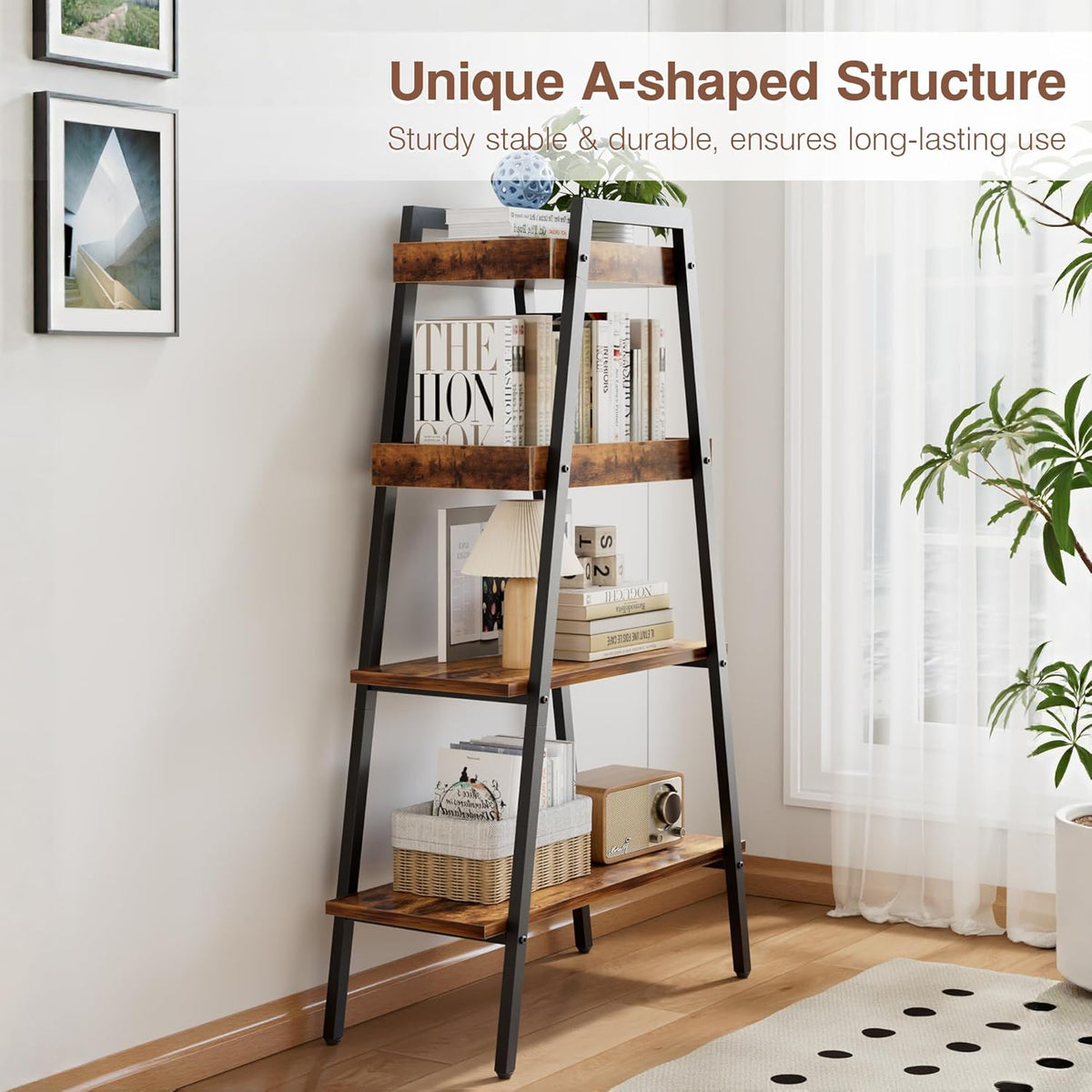 VECELO Ladder Shelf/Display Shelf 4 Tier Storage Bookcase Rack Wood & Steel