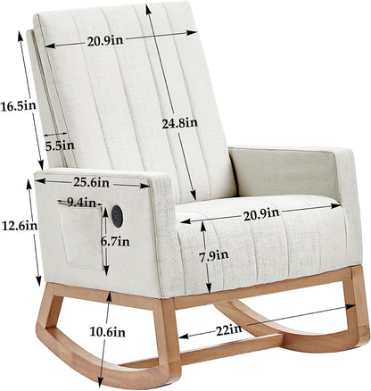 VECELO mecedora tapizada para guardería, sillón reclinable con respaldo alto, sillón cómodo con bolsillo lateral y puerto USB