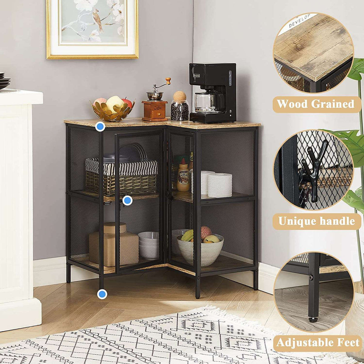 VECELO 3 Tier Corner Cabinet with Doors and Storage Shelves, Industrial TV Multipurpose Free-Standing Table