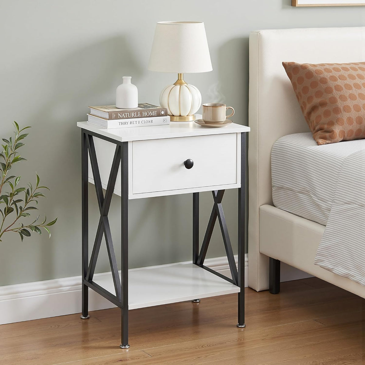 VECELO Versatile Nightstand X-Design End Side Table with Bin Drawer, 1 pack/2packs
