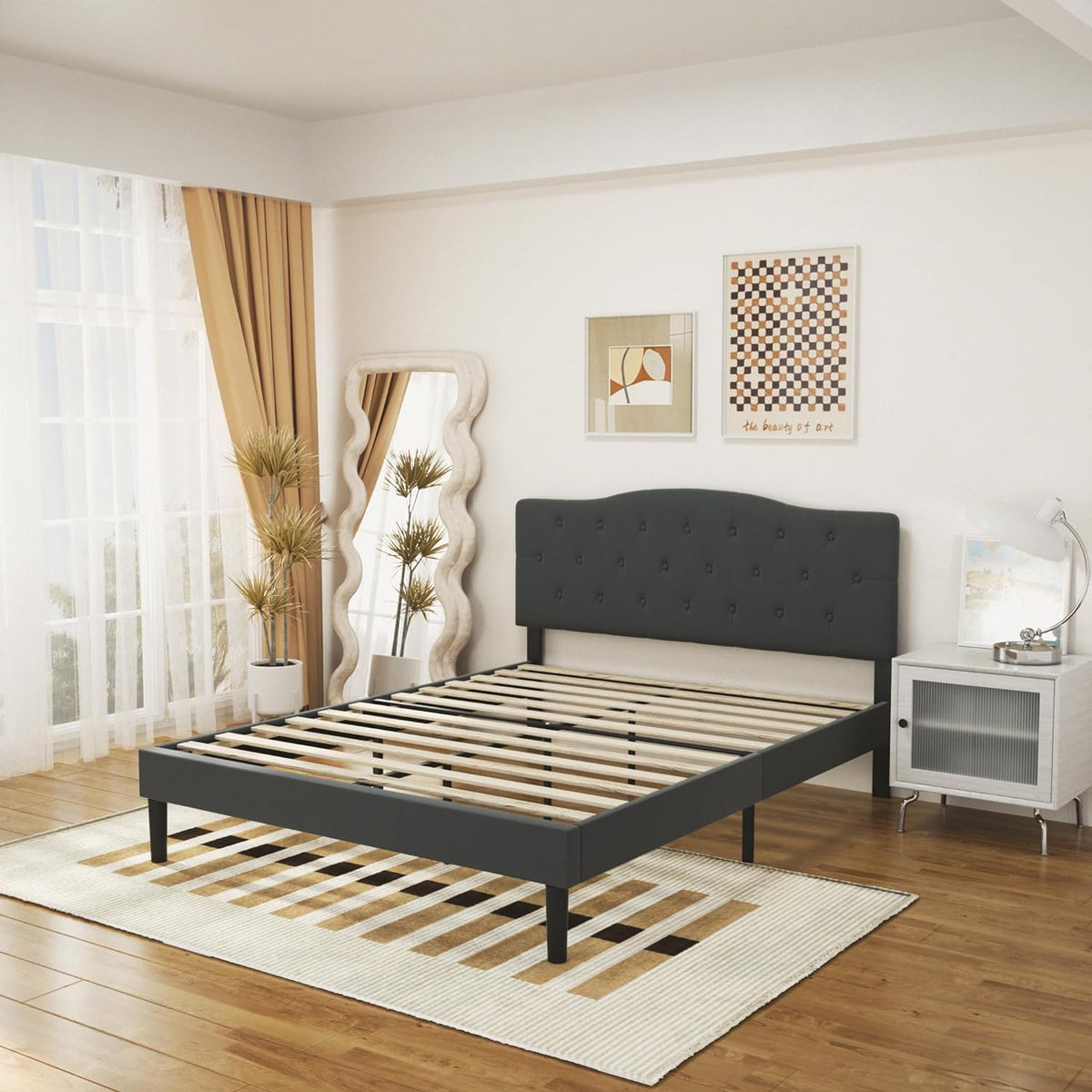 VECELO Classic Upholstered Platform Bed Frame with Diamond Stitched Cloth