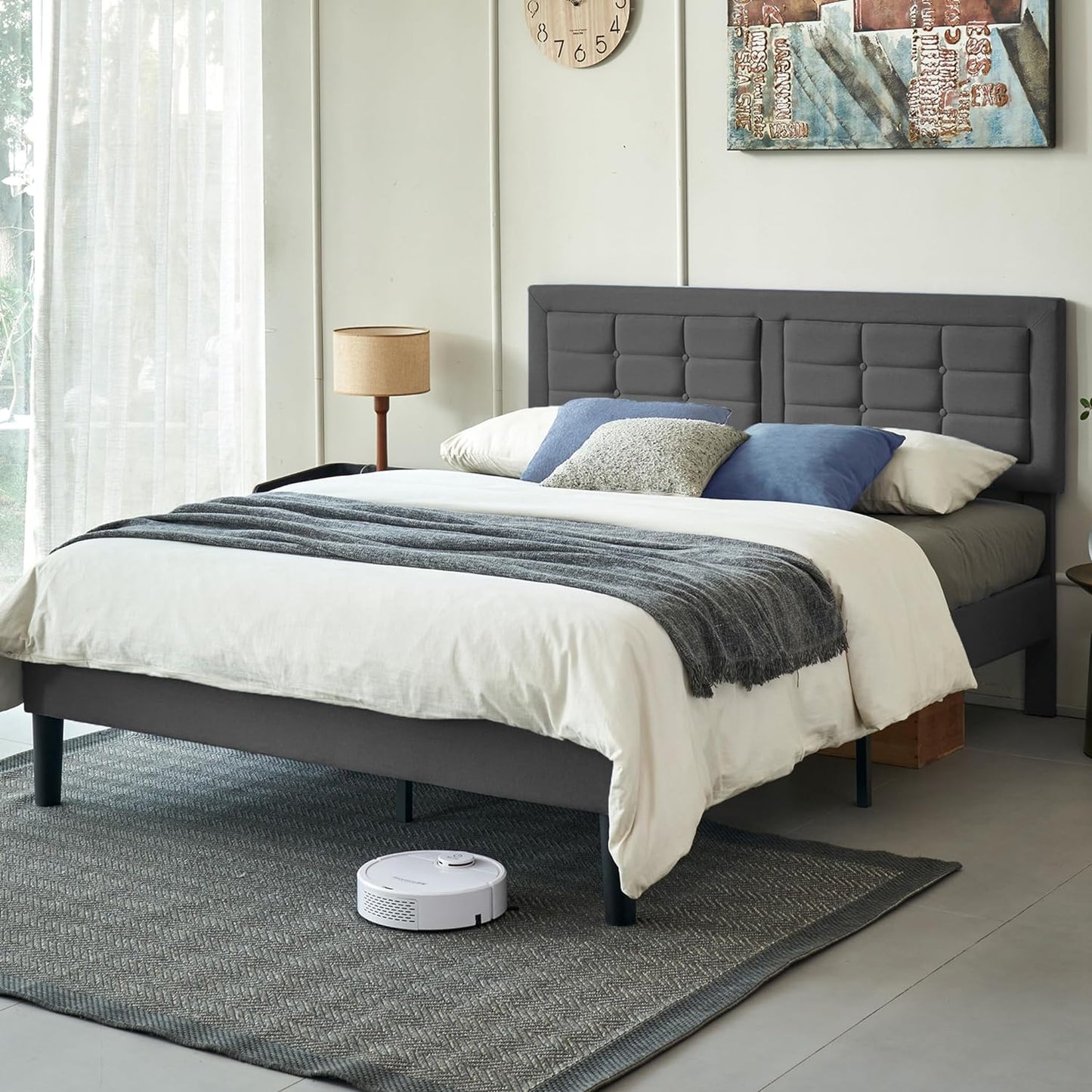 Base de cama tapizada VECELO con cabecero de altura ajustable