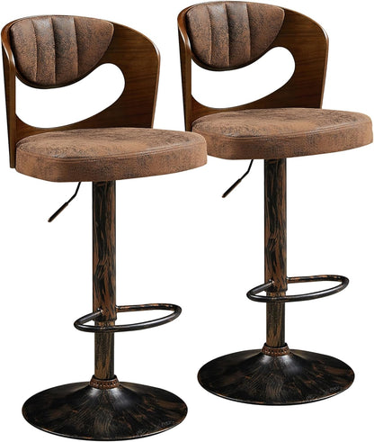 Juego de 2 taburetes de bar VECELO, taburetes de altura de mostrador con respaldo de madera curvada
