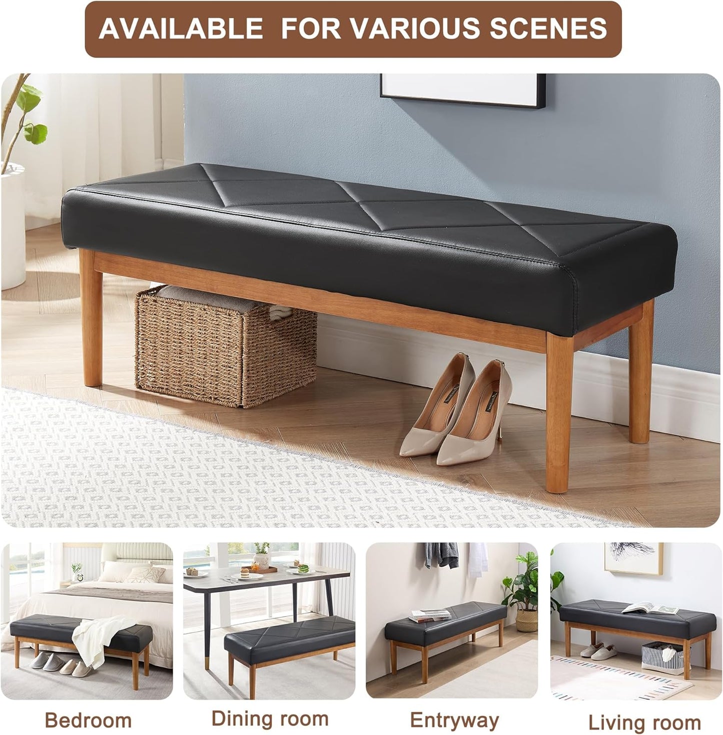 VECELO 44.5”Upholstered Entryway Bench Dining Table Ottoman Seats with Solid Wood Legs