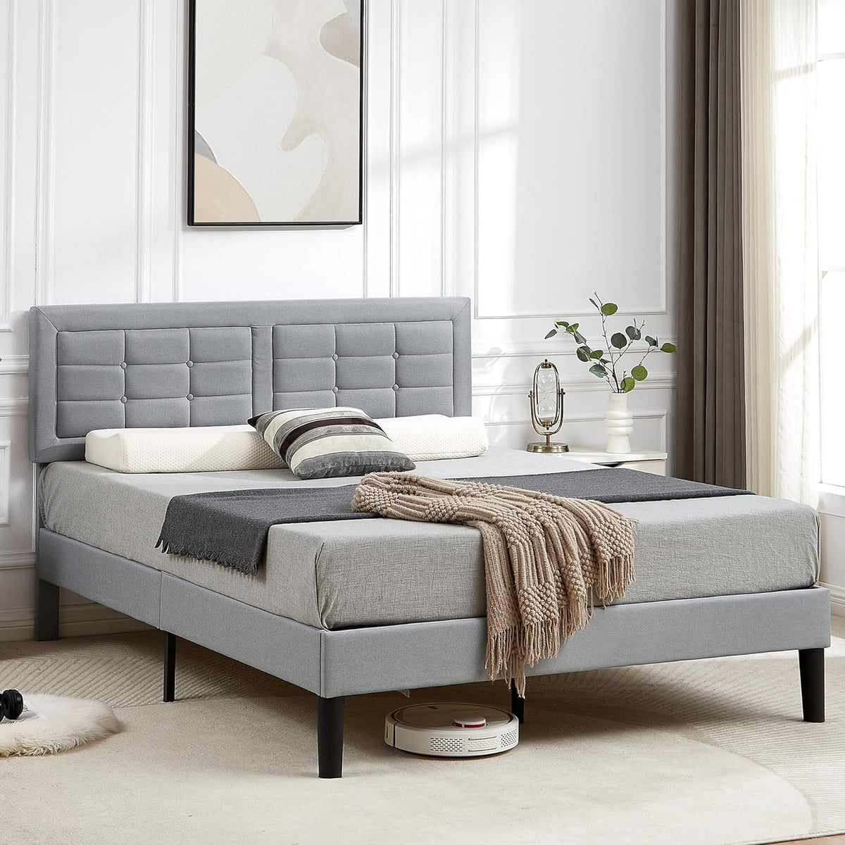 Base de cama tapizada VECELO con cabecero de altura ajustable