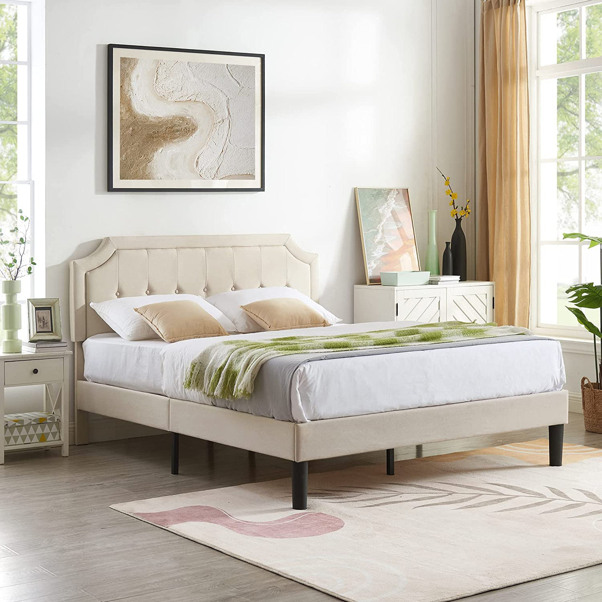 VECELO Premium Upholstered Platform Bed Diamond Stitched Panel Headboard