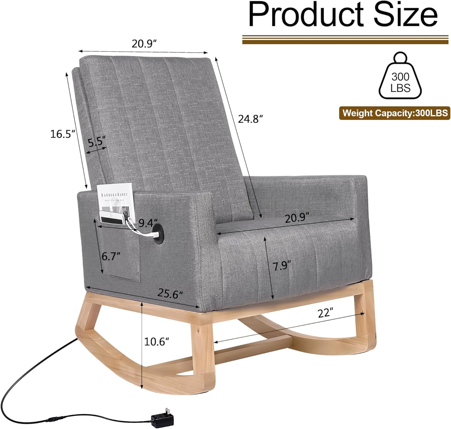 VECELO mecedora tapizada para guardería, sillón reclinable con respaldo alto, sillón cómodo con bolsillo lateral y puerto USB