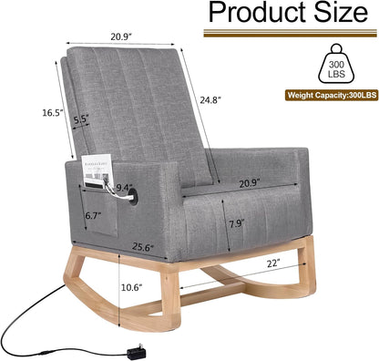 VECELO mecedora tapizada para guardería, sillón reclinable con respaldo alto, sillón cómodo con bolsillo lateral y puerto USB