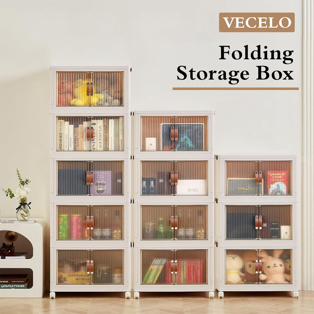 VECELO 16 Gal Stackable Storage Bins with Lid,Plastic Collapsible Storage Cabinet