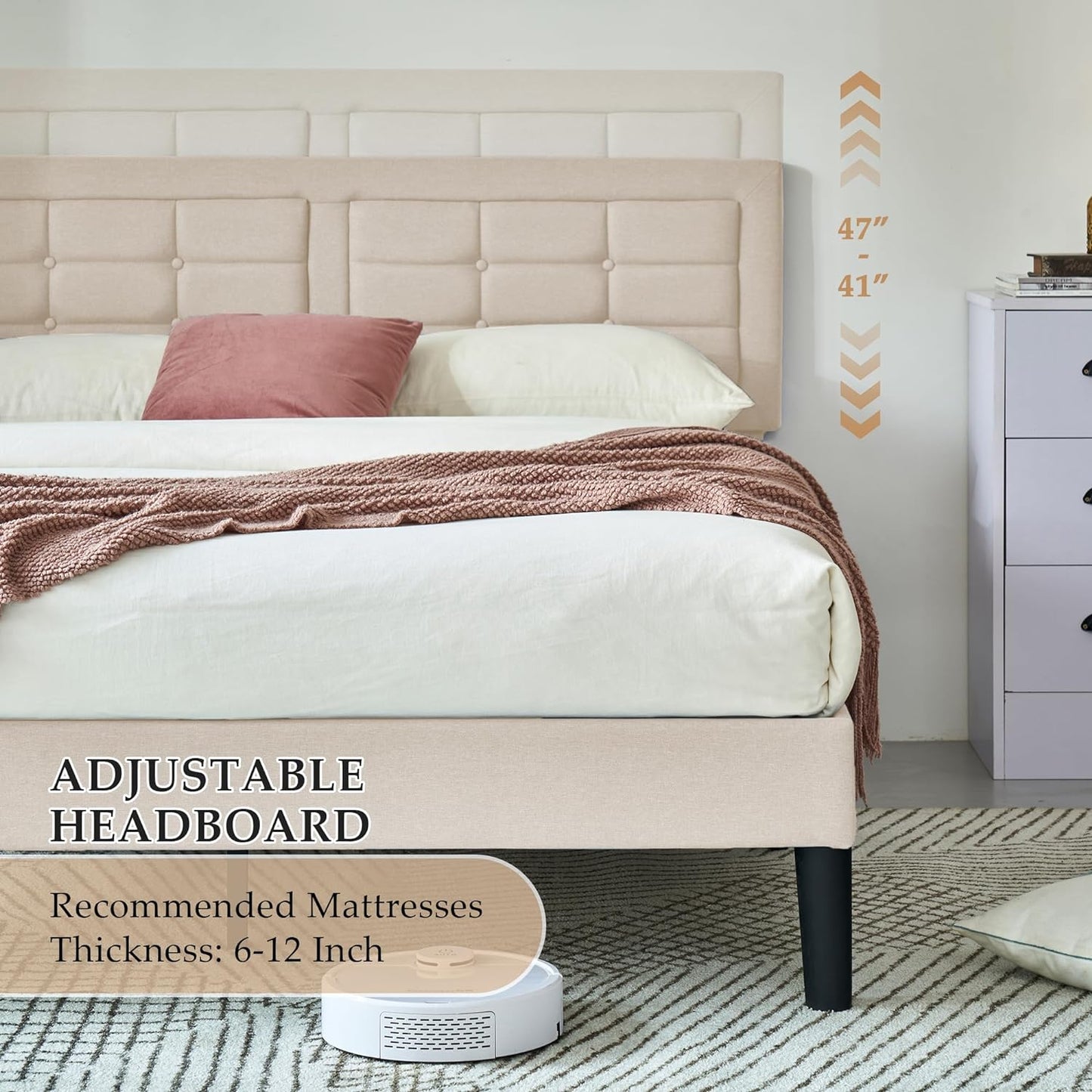Base de cama tapizada VECELO con cabecero de altura ajustable