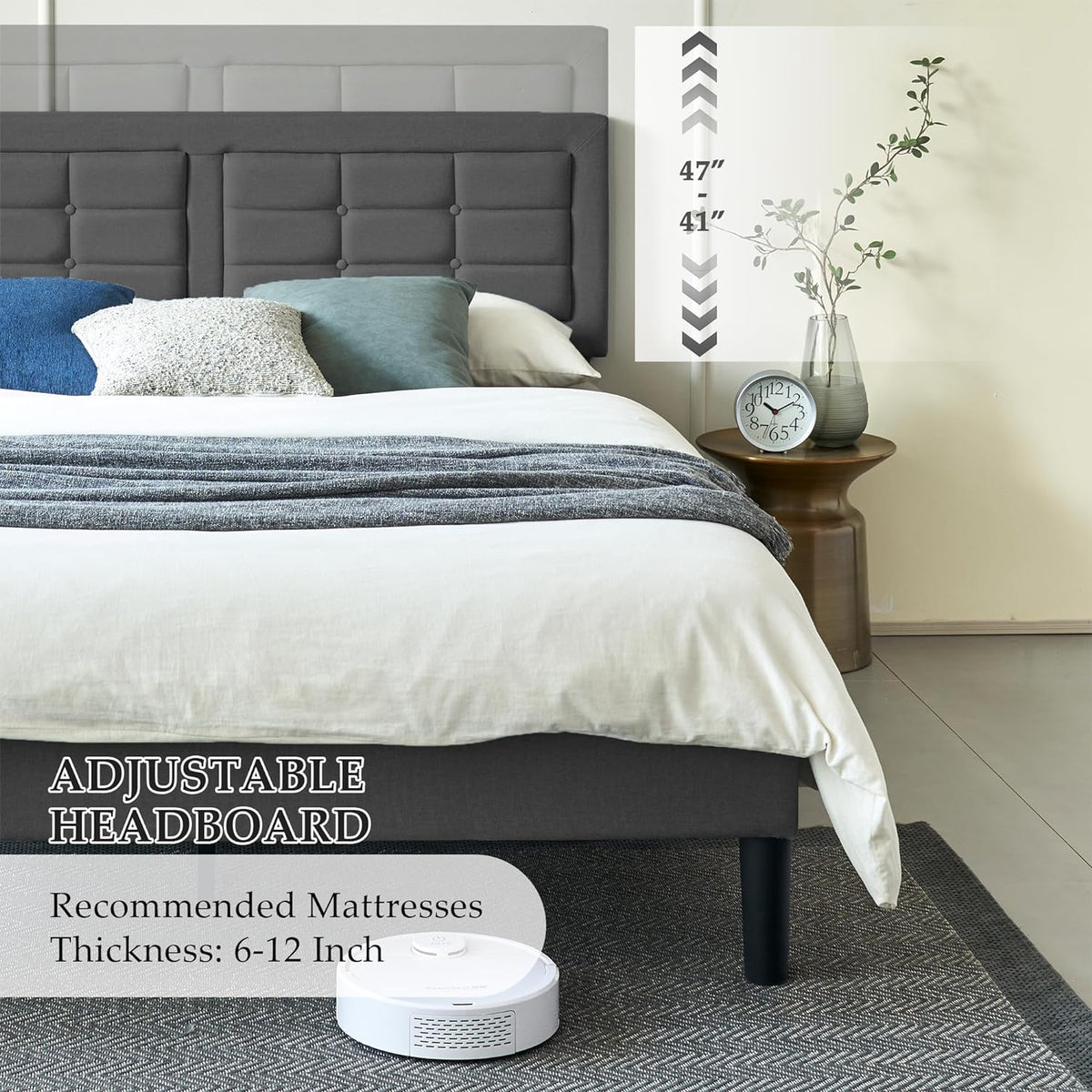 Base de cama tapizada VECELO con cabecero de altura ajustable