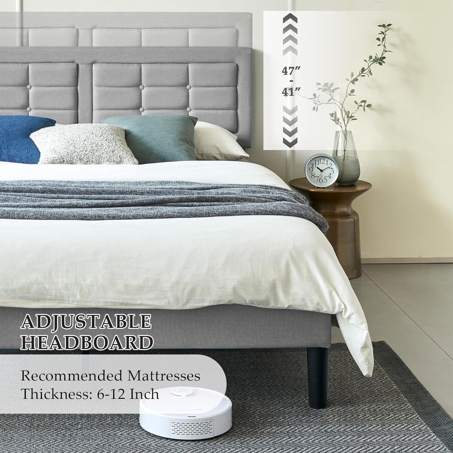 Base de cama tapizada VECELO con cabecero de altura ajustable
