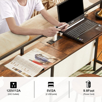 VECELO Mesa consola extra larga para recibidor, para detrás del sofá, estrecha, con toma de corriente y puertos USB