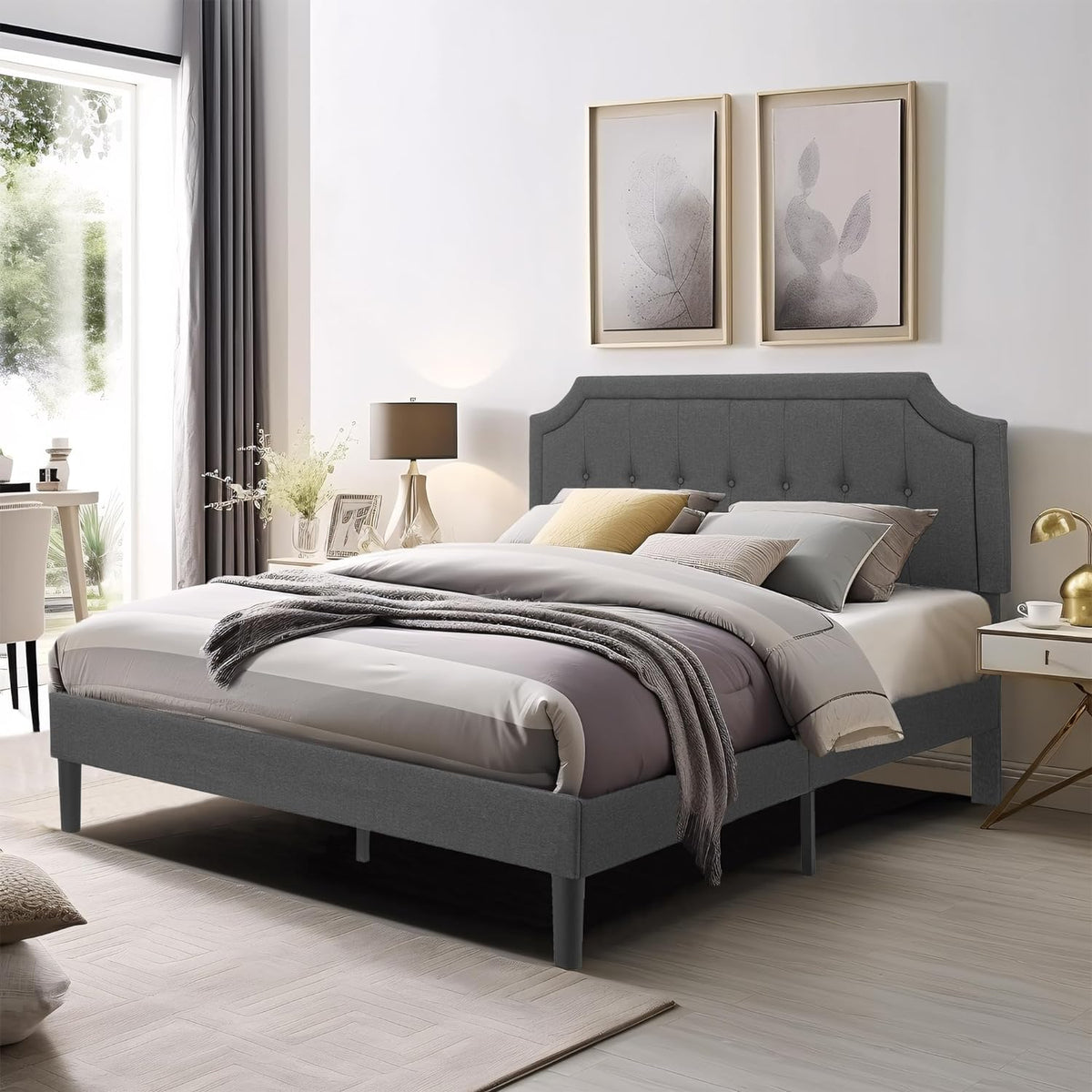 VECELO Premium Upholstered Platform Bed Diamond Stitched Panel Headboard