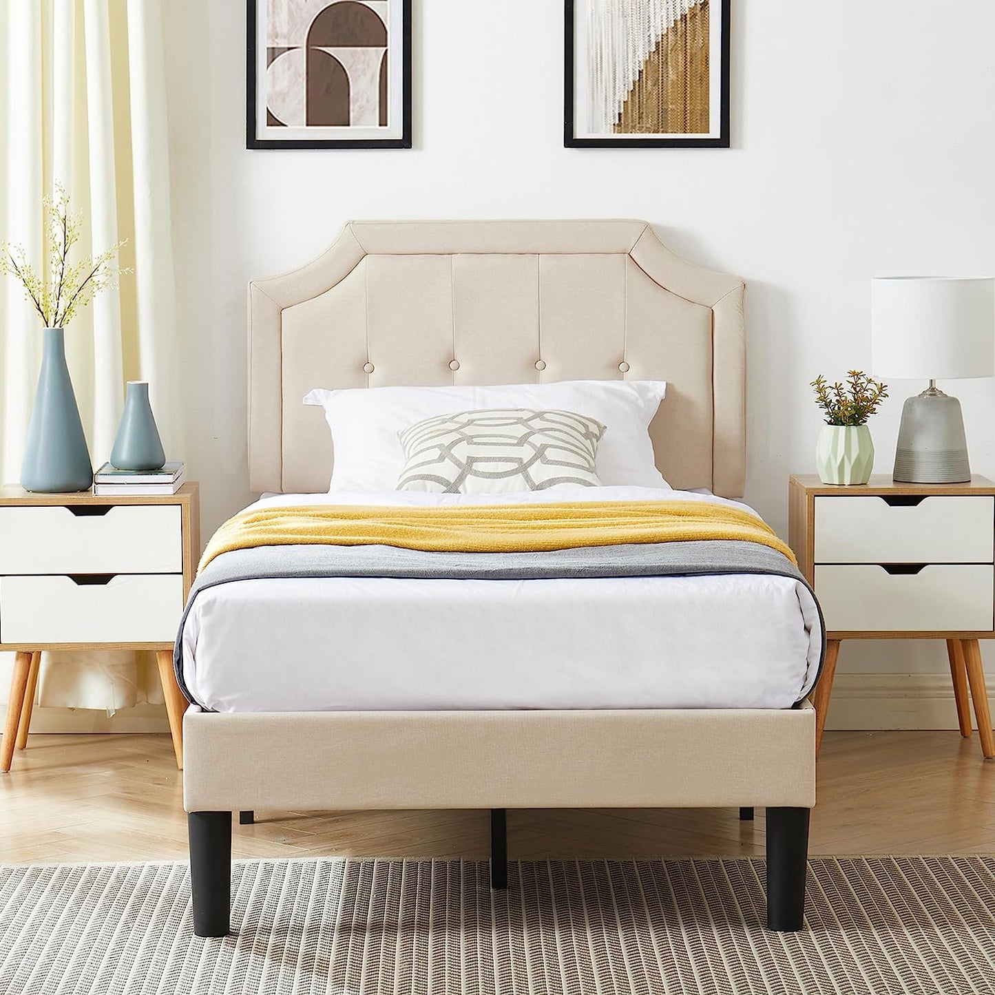 VECELO Premium Upholstered Platform Bed Diamond Stitched Panel Headboard