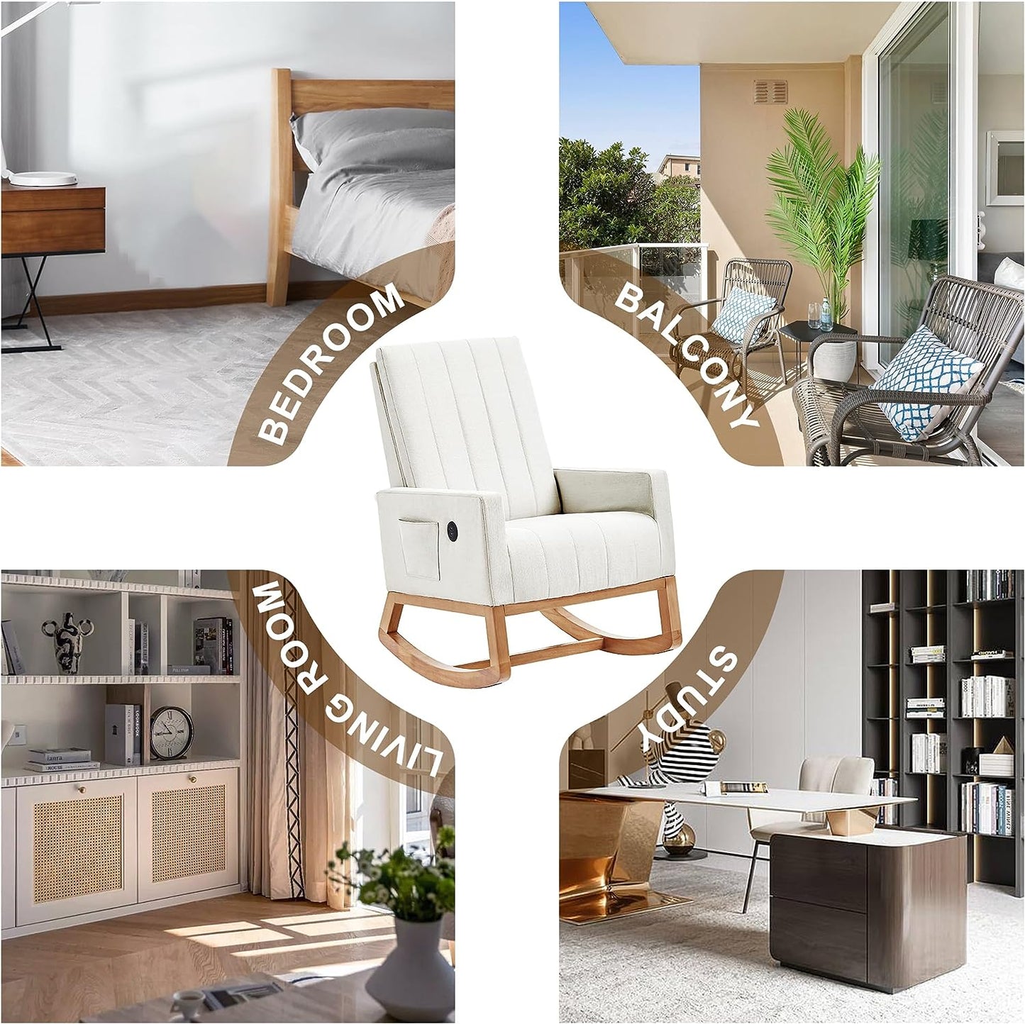 VECELO mecedora tapizada para guardería, sillón reclinable con respaldo alto, sillón cómodo con bolsillo lateral y puerto USB