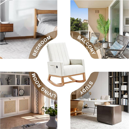 VECELO mecedora tapizada para guardería, sillón reclinable con respaldo alto, sillón cómodo con bolsillo lateral y puerto USB