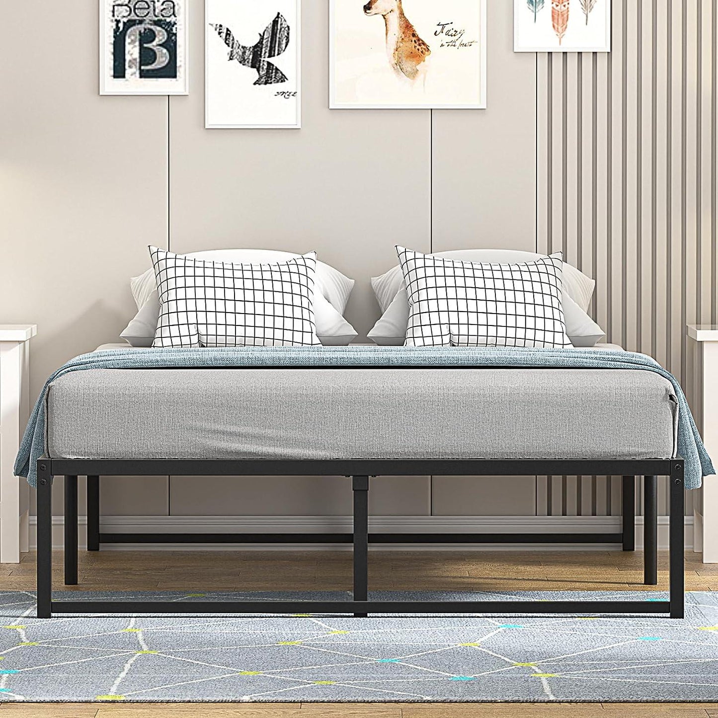 VECELO 14" Black Platform Bed Frame/Mattress Foundation/No Box Spring Needed/Steel Slat Support