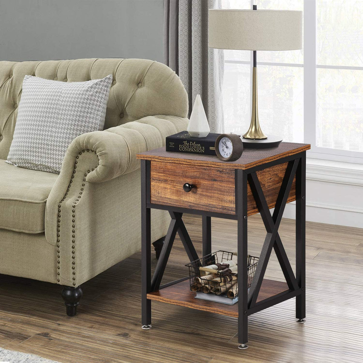 VECELO Versatile Nightstand X-Design End Side Table with Bin Drawer, 1 pack/2packs