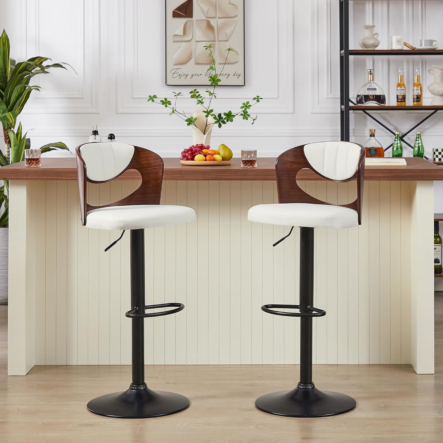 Juego de 2 taburetes de bar VECELO, taburetes de altura de mostrador con respaldo de madera curvada